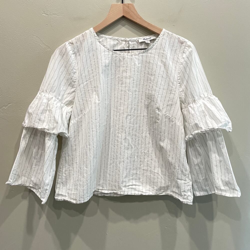 Madewell Pinstriped Ruffled White and Gray Top - Size: Medium
